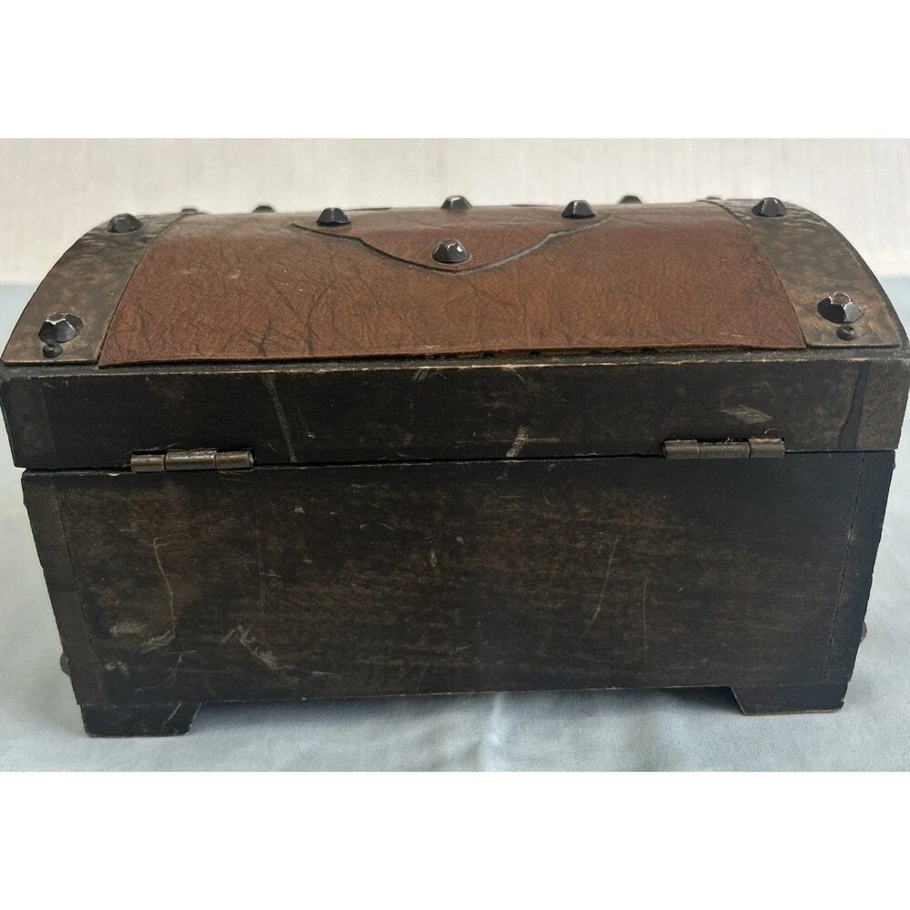 Vintage Wood Leather Metal Pirate Treasure Chest Jewelry Box